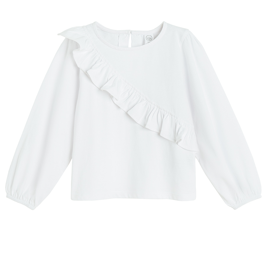 White long sleeve blouse with ruffle