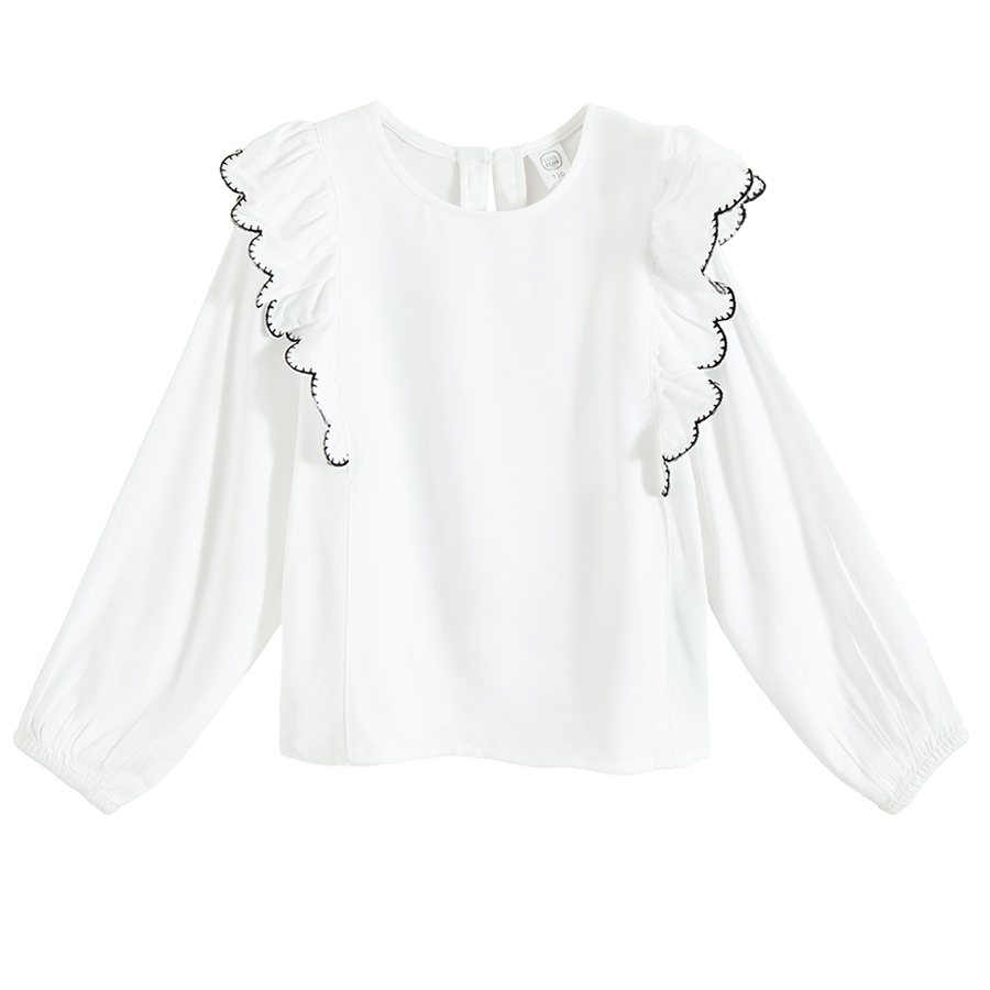 White long sleeve blouse with ruffles