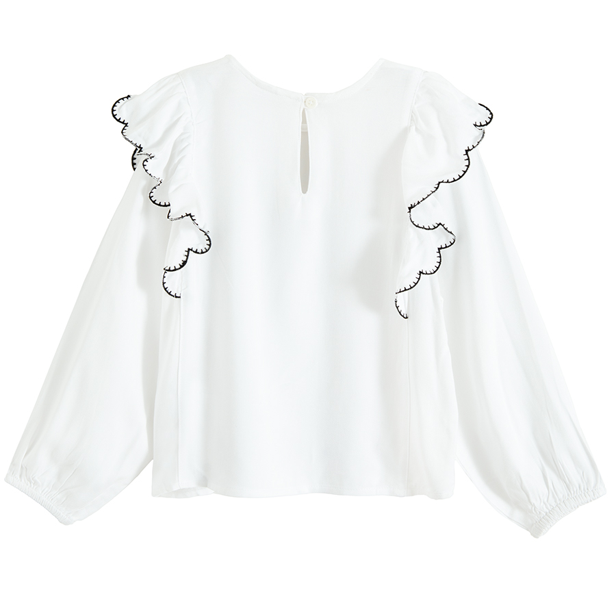 White long sleeve blouse with ruffles