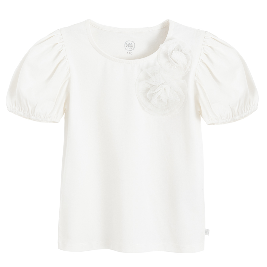 White short sleeve T-shirt with big flower applique