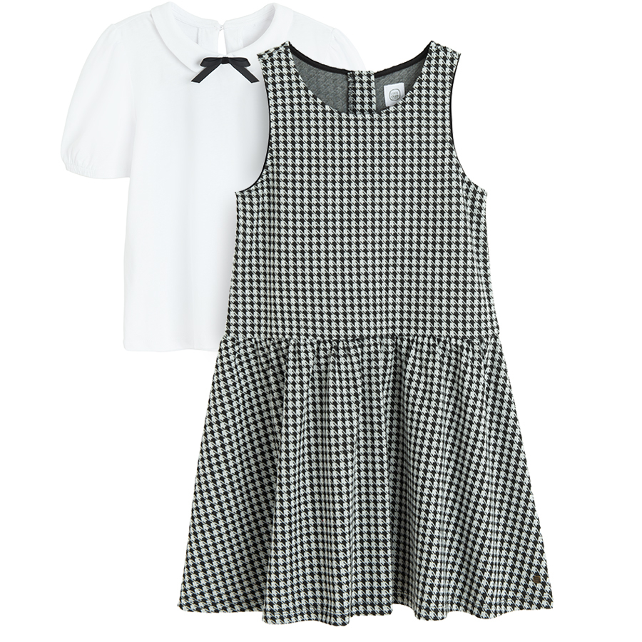 Checked black and white dress with short sleeve white blouse set- 2 pieces