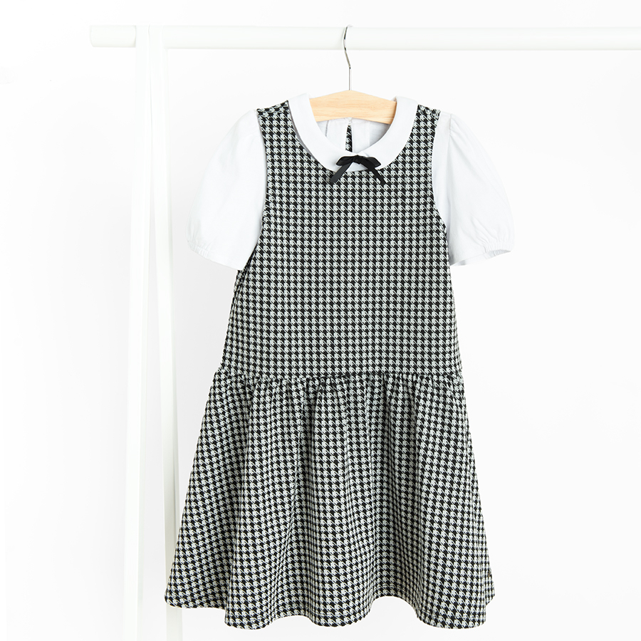 Checked black and white dress with short sleeve white blouse set- 2 pieces