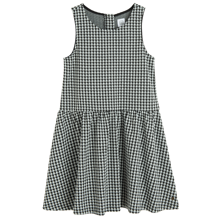 Checked black and white dress with short sleeve white blouse set- 2 pieces