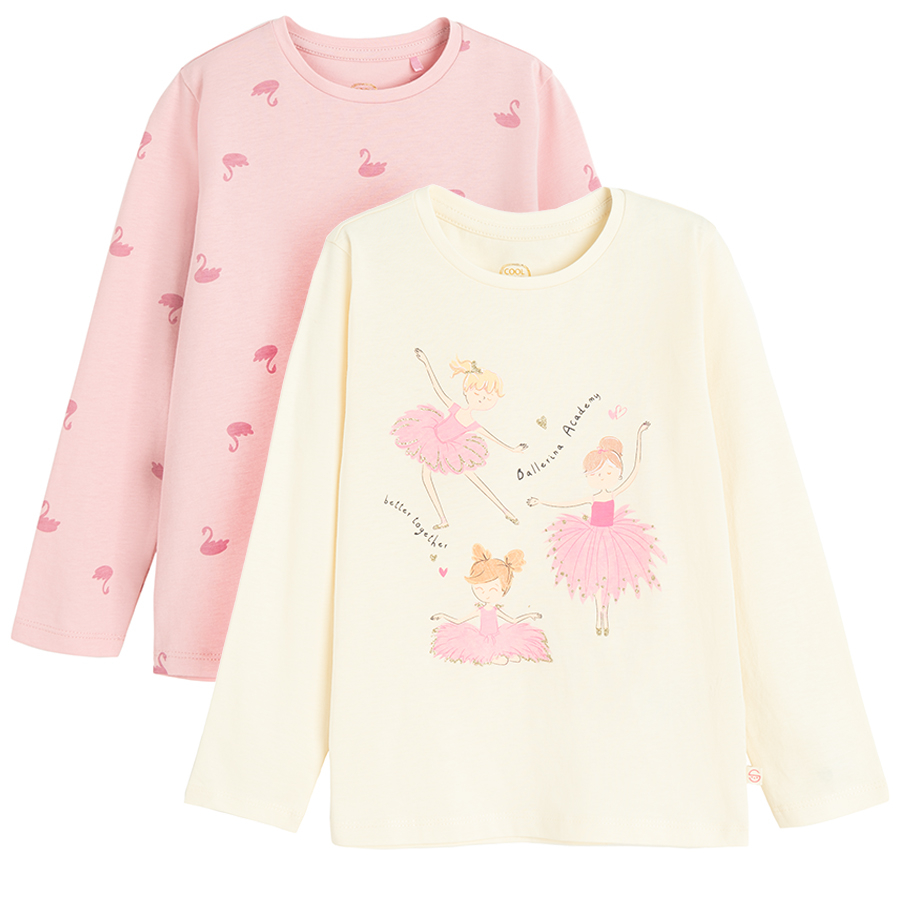 Pink and white with ballerinas print long sleeve blouses- 2 pack