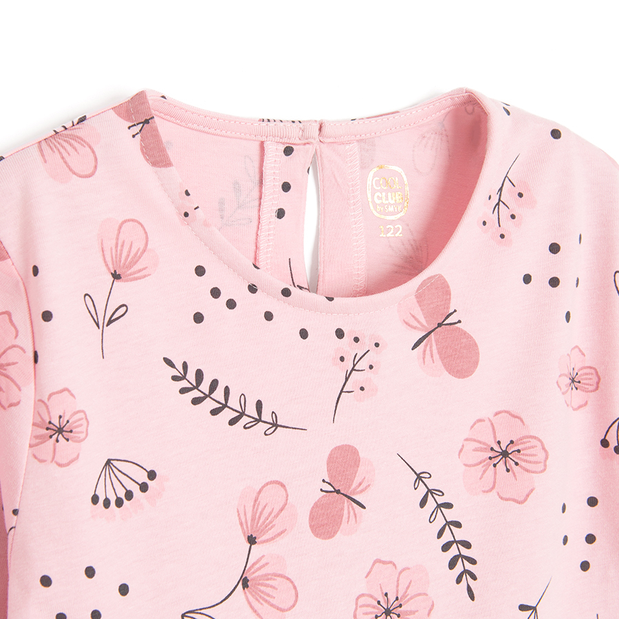 Pink with flowers long sleeve dress