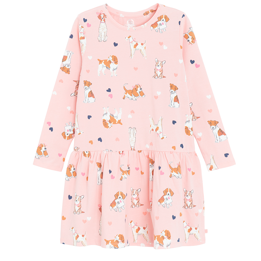 Pink long sleeve casual dress with puppies print and graffitti leggings set- 2 pieces