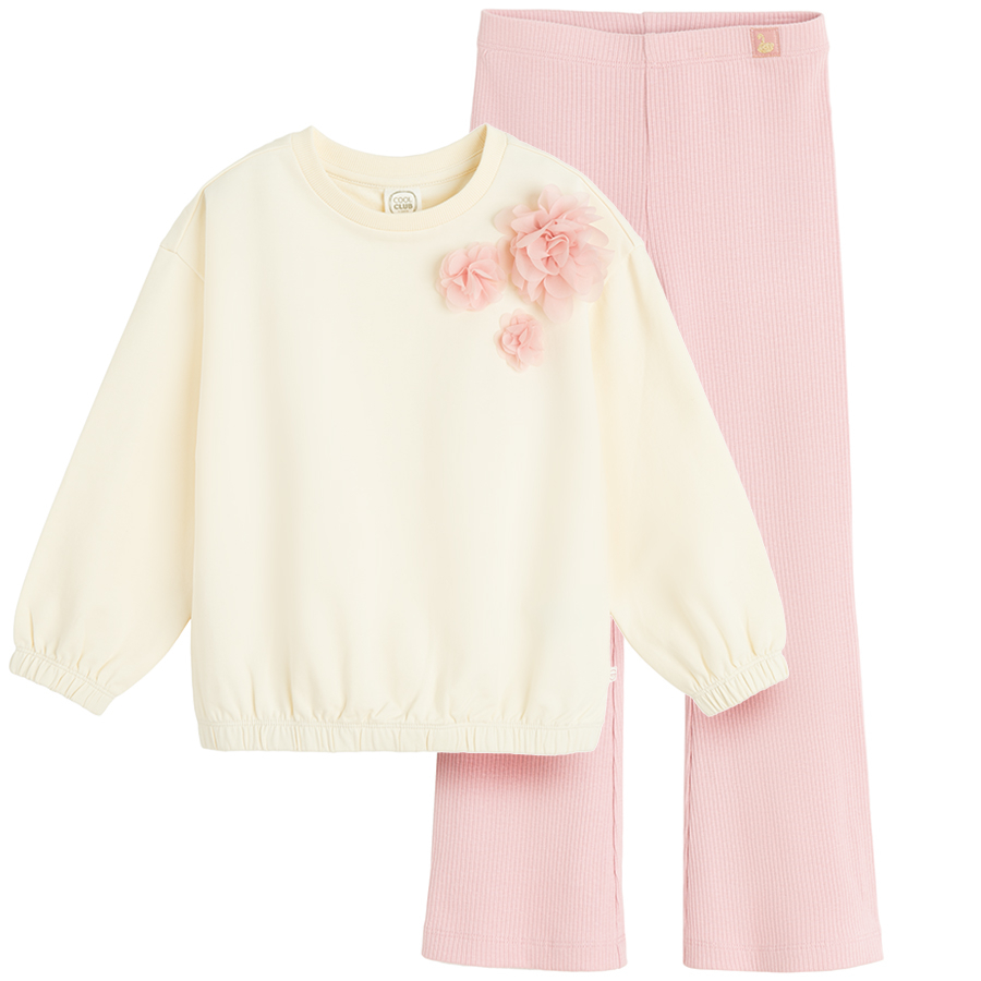 Ecru sweatshirt with flowers print and pink leggings set - 2 pieces