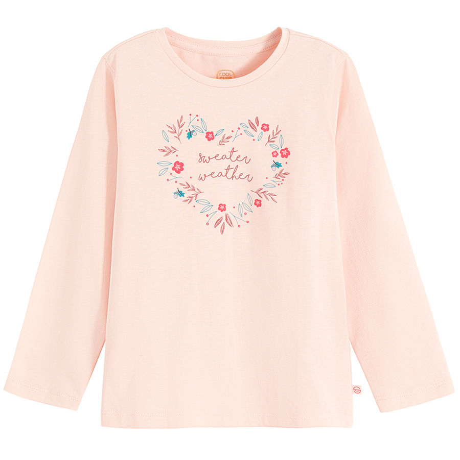 Pink blouse with heart and sweater weather print