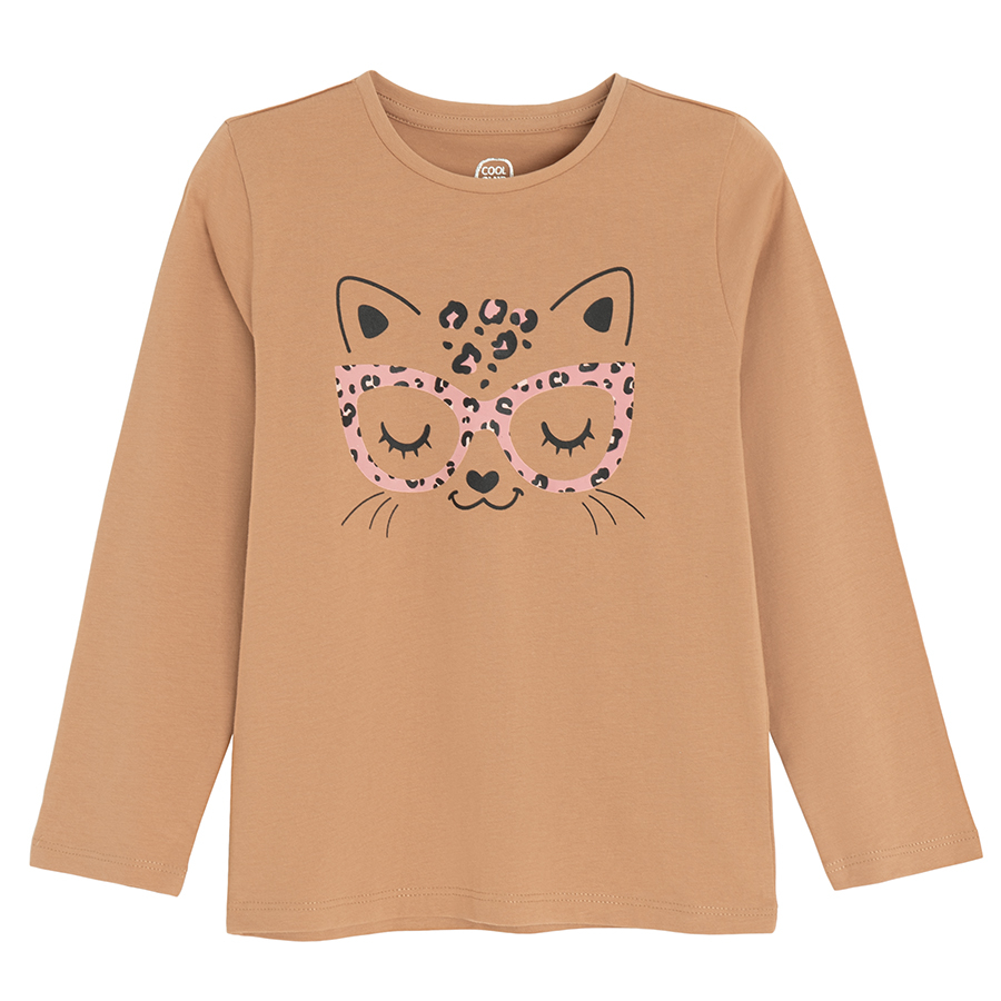 Light brown blouse with kitten with glasses print