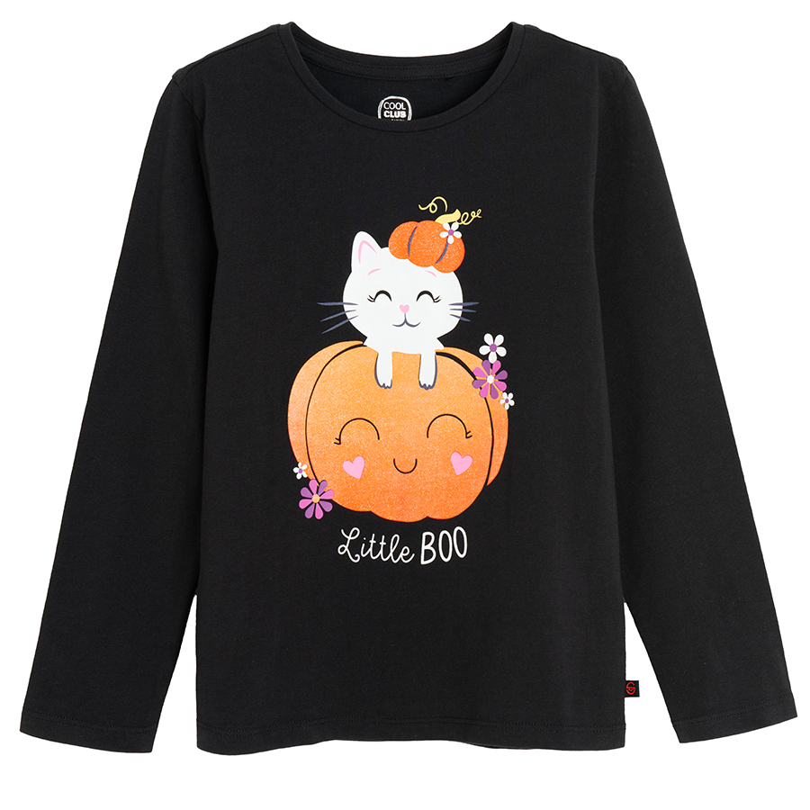 Black blouse with Halloween print, , kitten on pumpkin