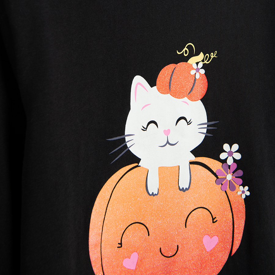 Black blouse with Halloween print, , kitten on pumpkin