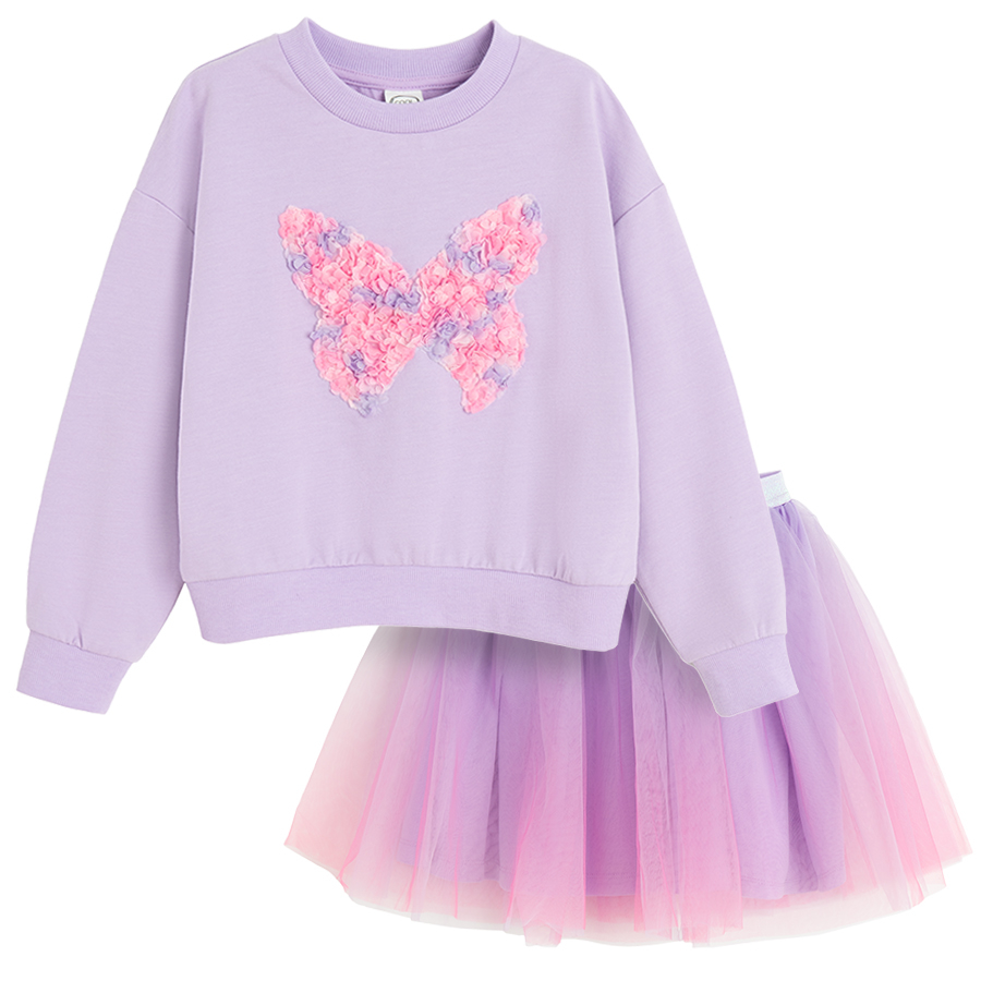 Purple sweatshirt withbuttrfly print and tulle skirt set- 2 pieces