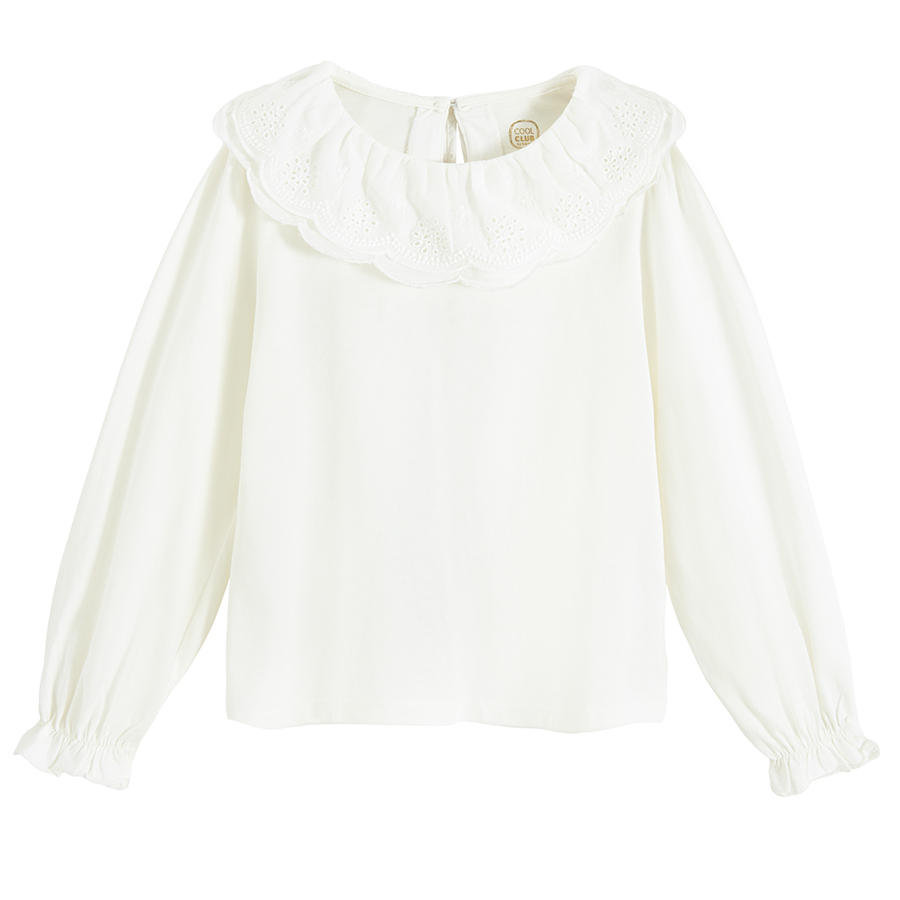 White long sleeve blouse with round collar