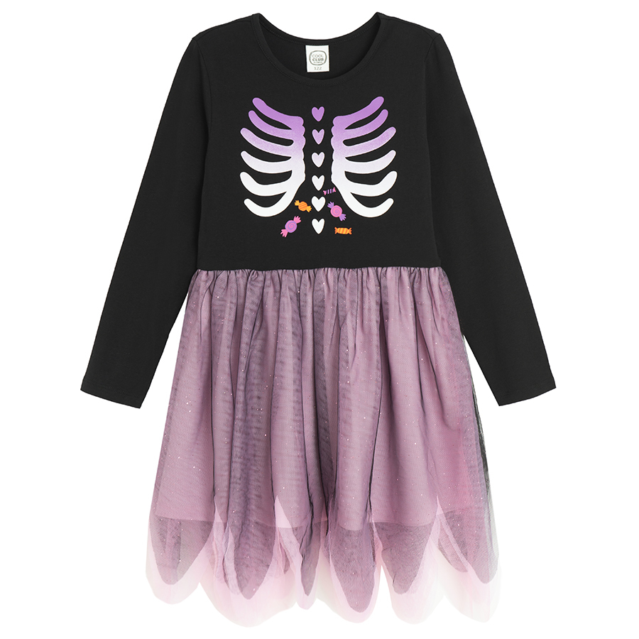 Black and purple long sleeve Halloween dress with tulle skirt and skeleton print