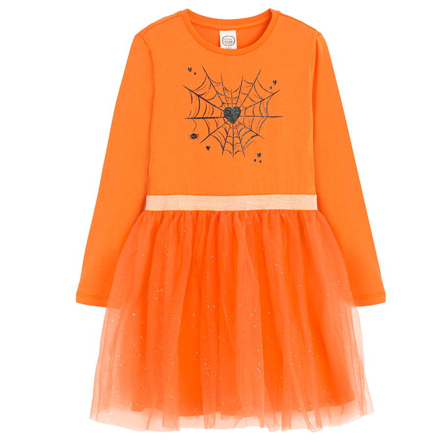 Orange long sleeve dress with Halloween spiderweb print and tulle skirt