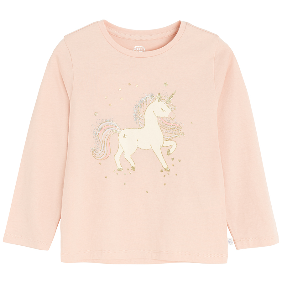 Ecru, violet, pink long sleeve blouses with unicorn print