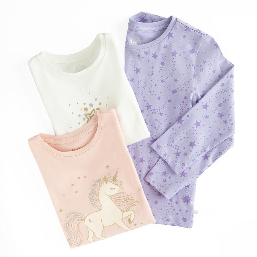 Ecru, violet, pink long sleeve blouses with unicorn print