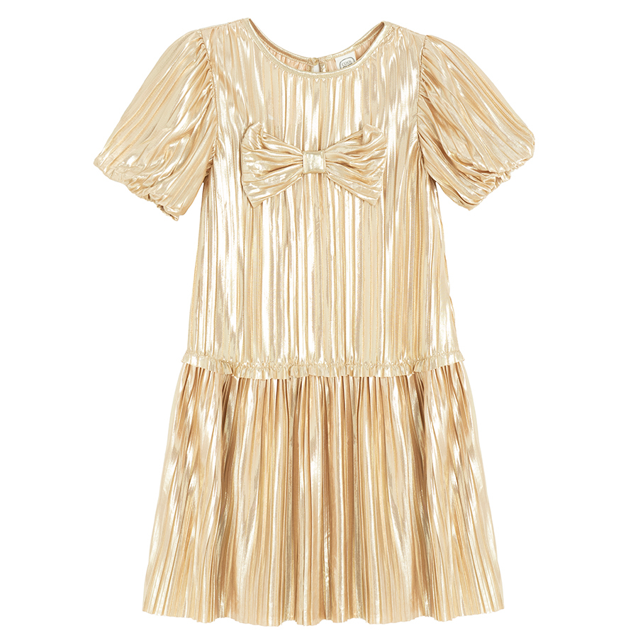 Gold short sleeve dress with bow