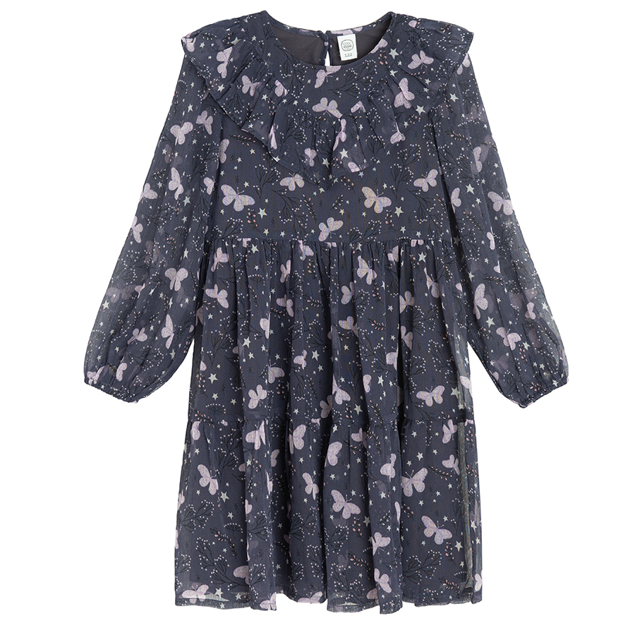 Black long sleeve dress with violet butterflies