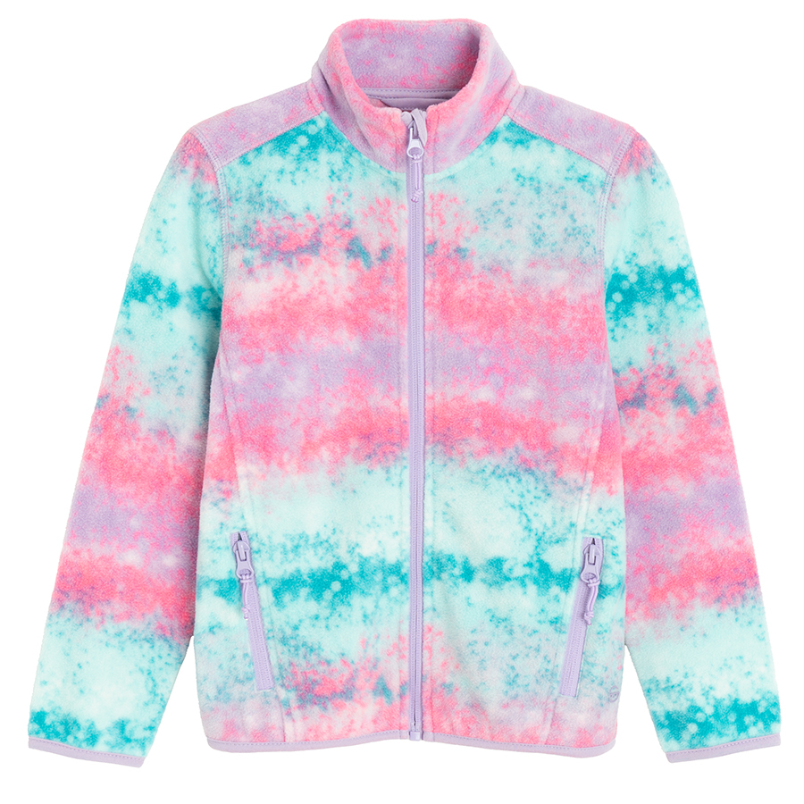 Ζακέτα fleece μωβ με εφέ tie dye και φερμουάρ