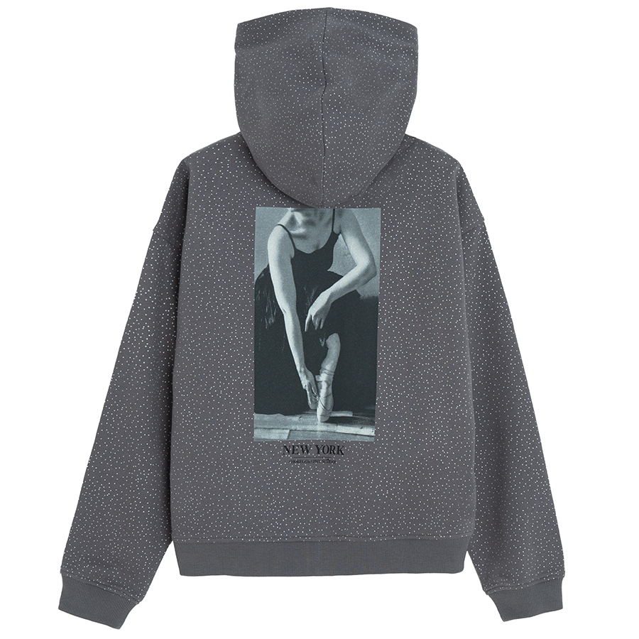 Grey zip through hooded sweatshirt with ballerina print on the back