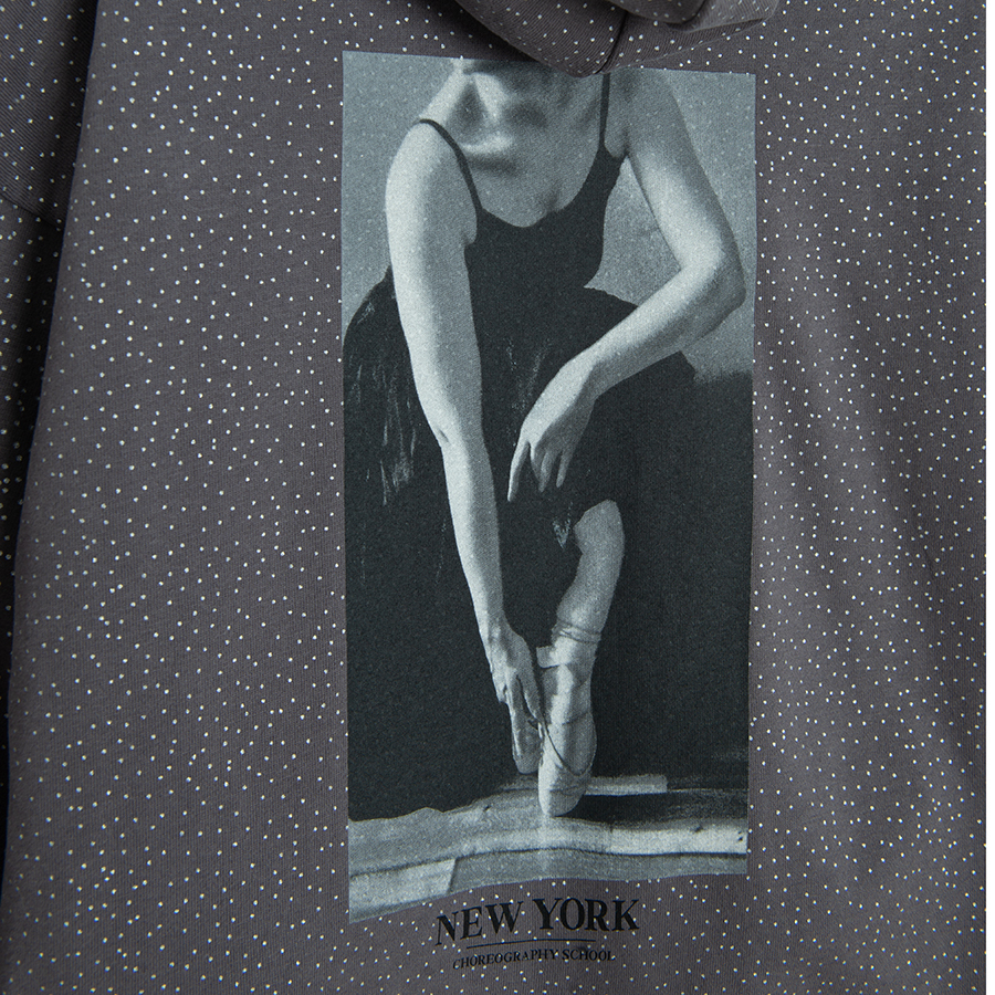 Grey zip through hooded sweatshirt with ballerina print on the back