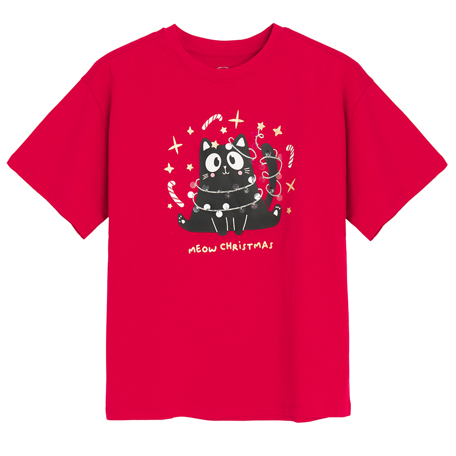 Red T-shirt with black cat print