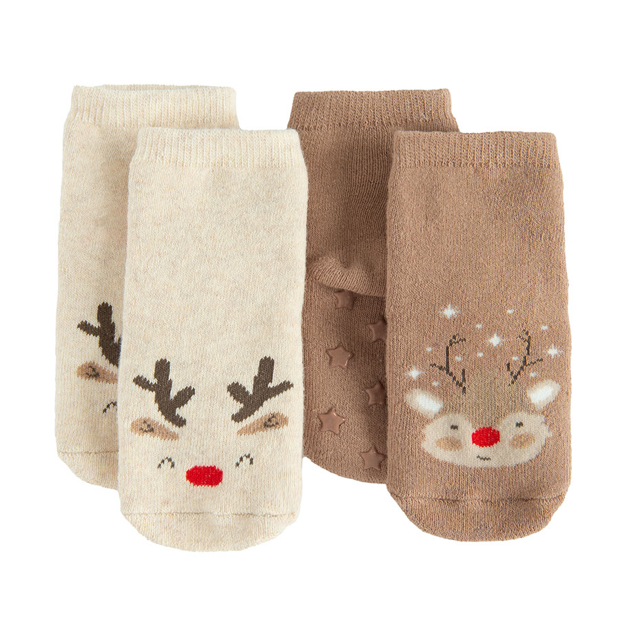 Beige and brown socks with raindeer print- 2 pack