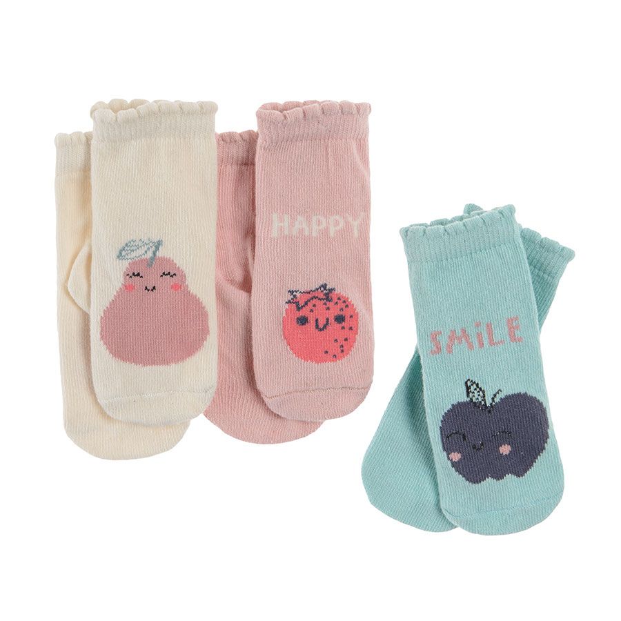 White light blue and pink socks with fruits print- 3 pack