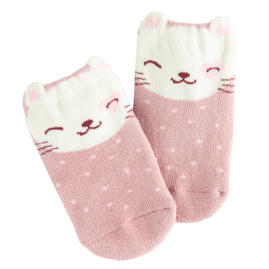 Pink terry socks with kitten shape and print