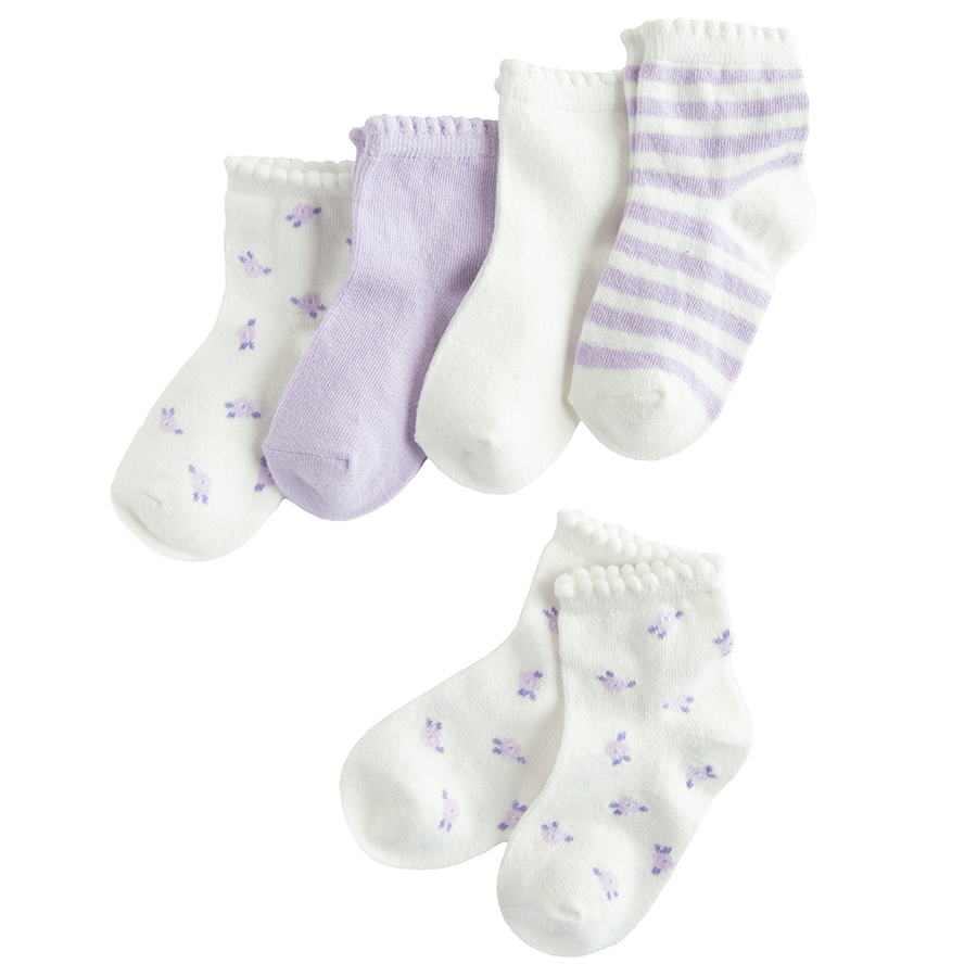 White and purple ribbed socks - 5 pack