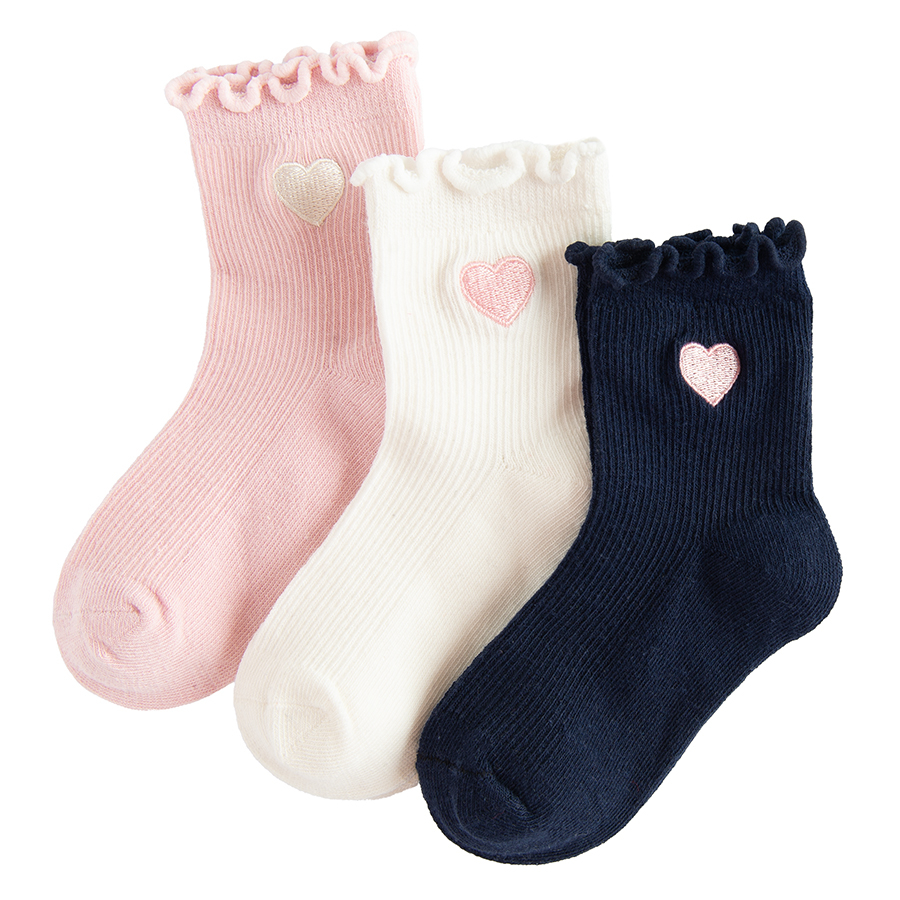 Pink, white, blue socks with small heart print- 3 pack