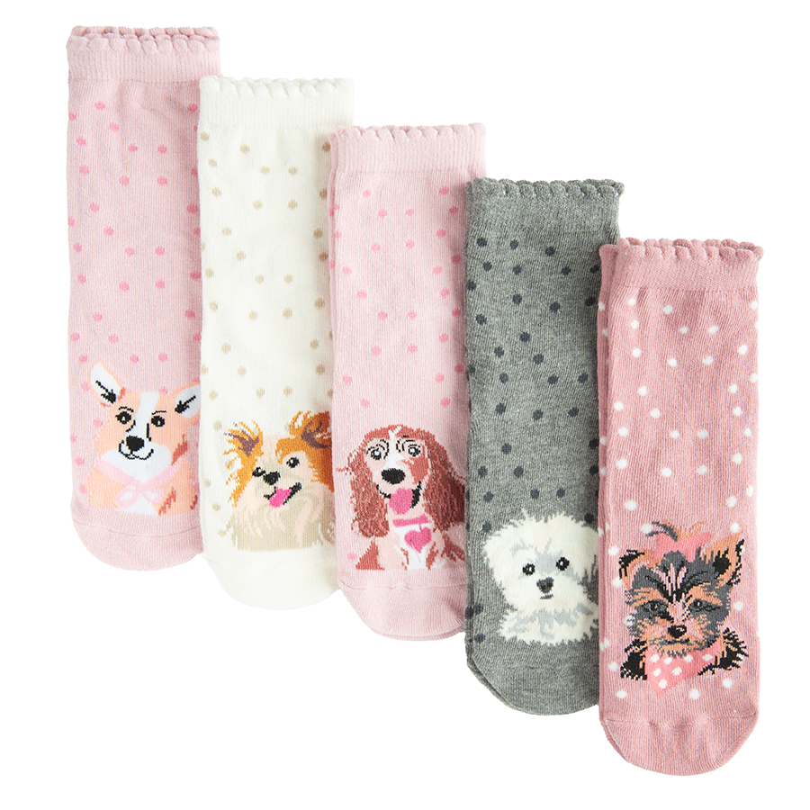 White, grey, pink socks with animals print- 3 pack