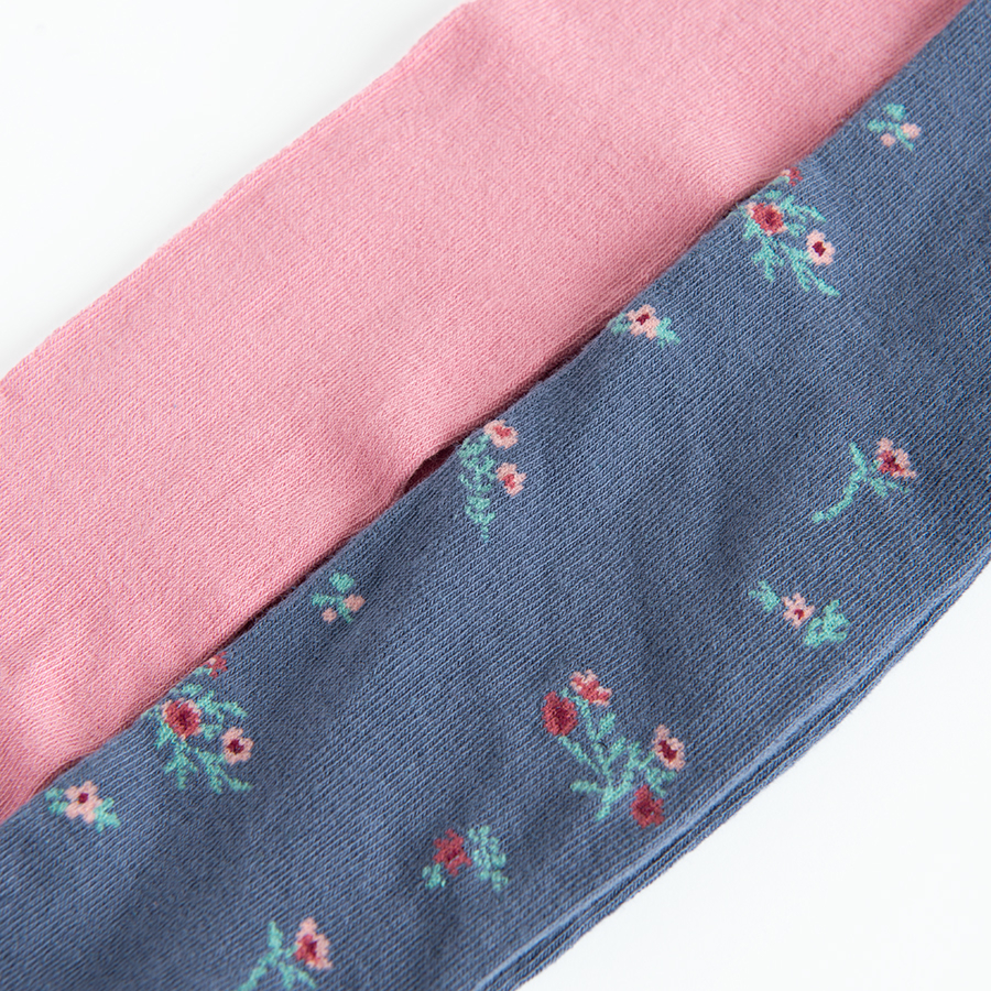 Pink and blue floral thick tights- 2 pack