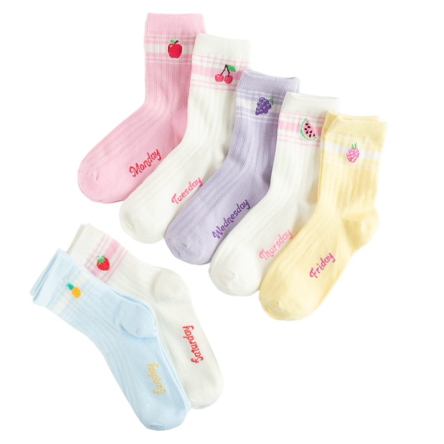 Various colors socks with days of the week and fruit print- 7 pack