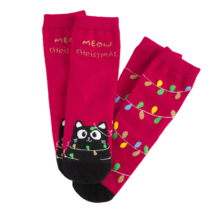 Red socks with balck cat and lights print- 2 pack