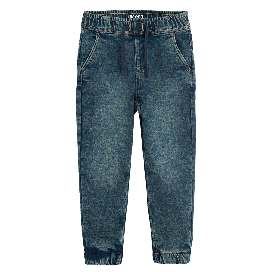 Blue denim pants with elastic waist