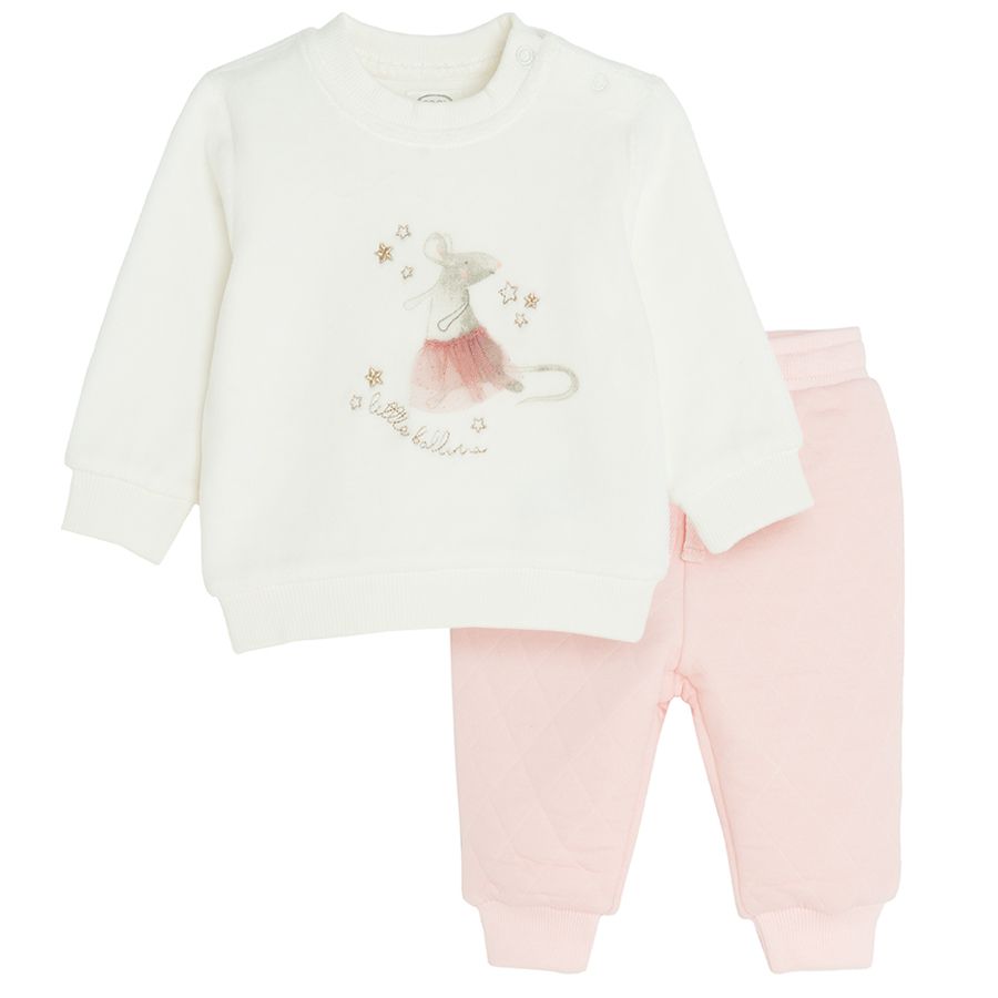 White long sleeve blouse with ballerina print and pink quilted jogging pants