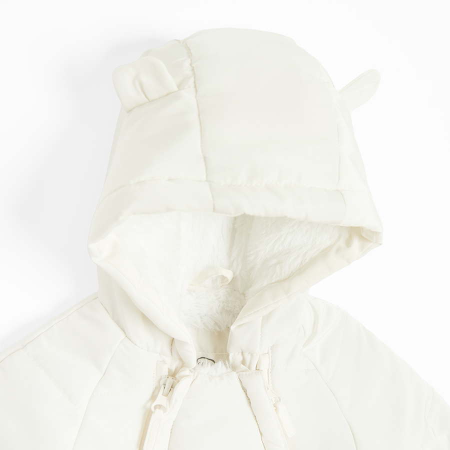 Ecru hooded snowsuit with 2 side zippers