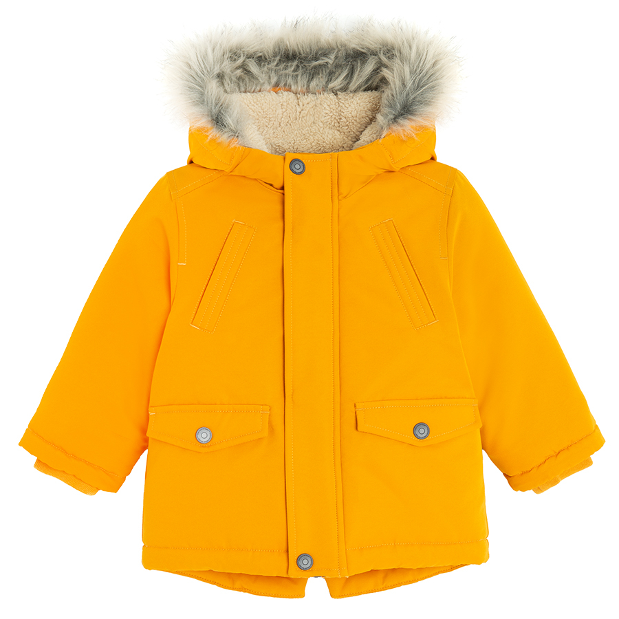 Yellow hooded winter jacket