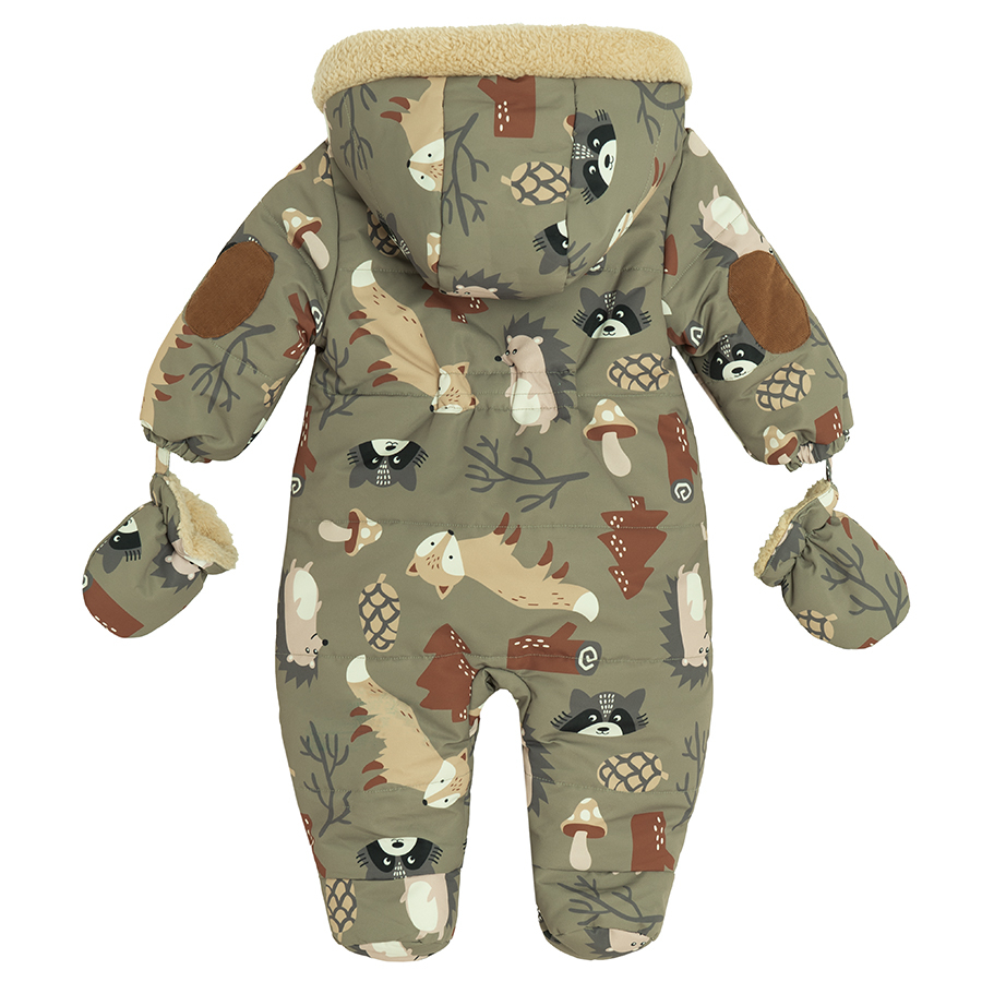 Green hooded snowsuit with forest animals print and two side zippers