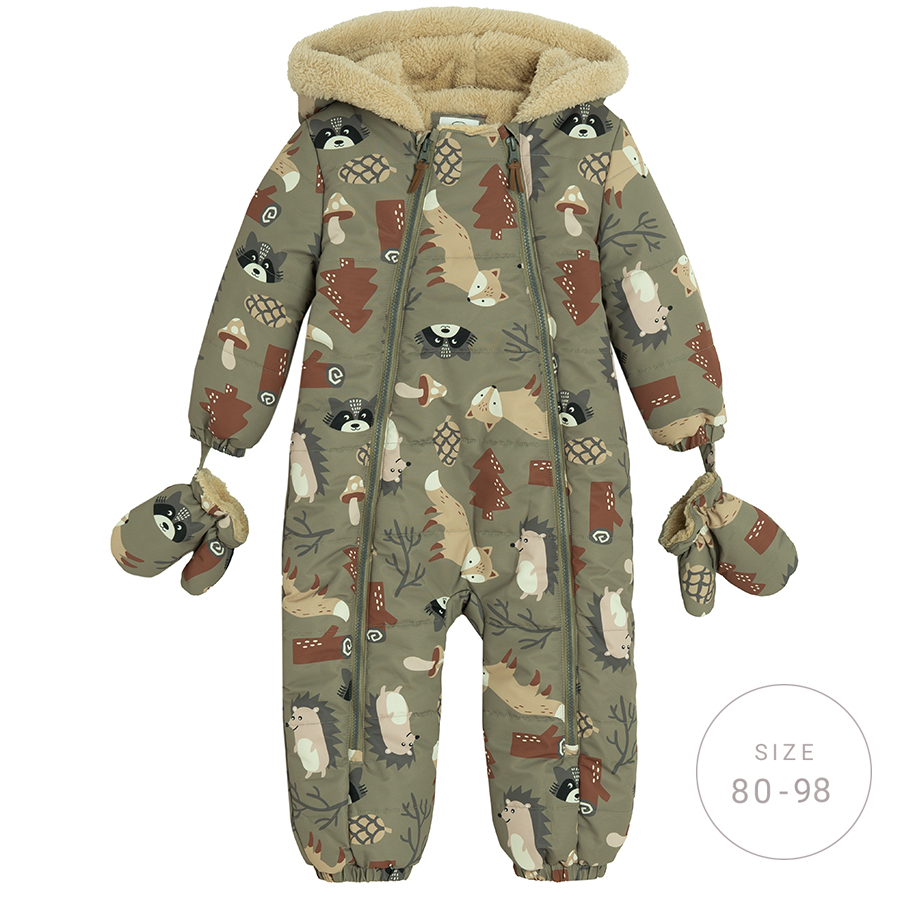 Green hooded snowsuit with forest animals print and two side zippers