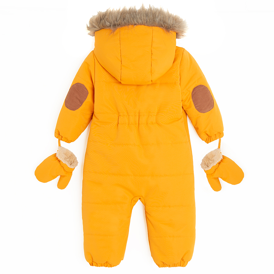 Yellow footless hooded snowsuit with side zipper