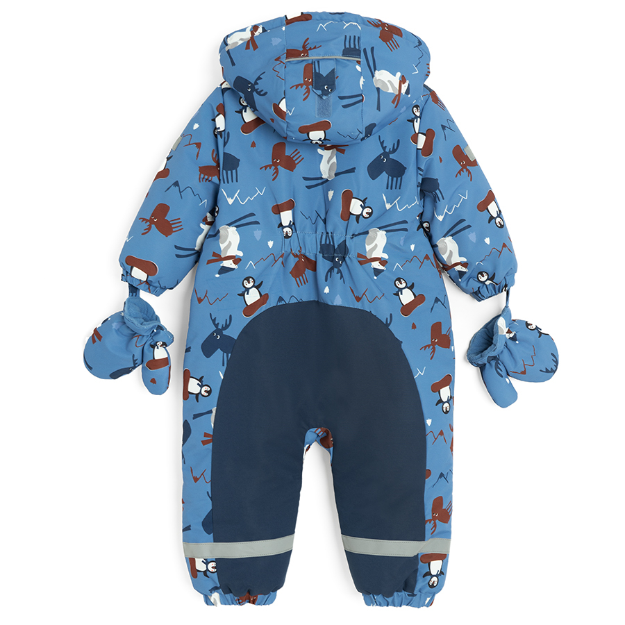 Blue footless hooded snowsuit with arctic animals print