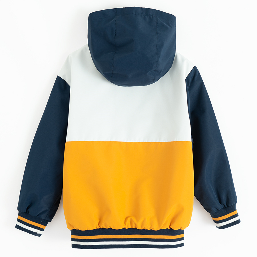 White, yellow, blue hooded light jacket