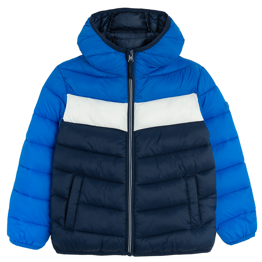 Blue, white, light blue hooded zip through jacket