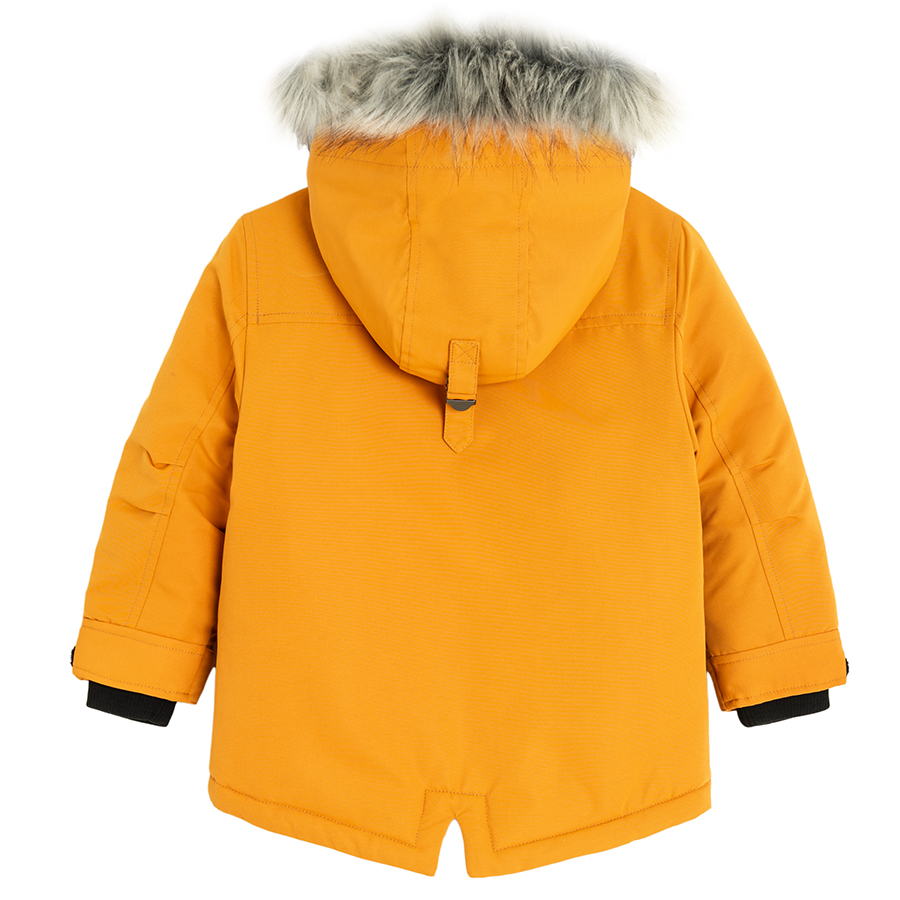 Yellow hooded zip through winter jacket