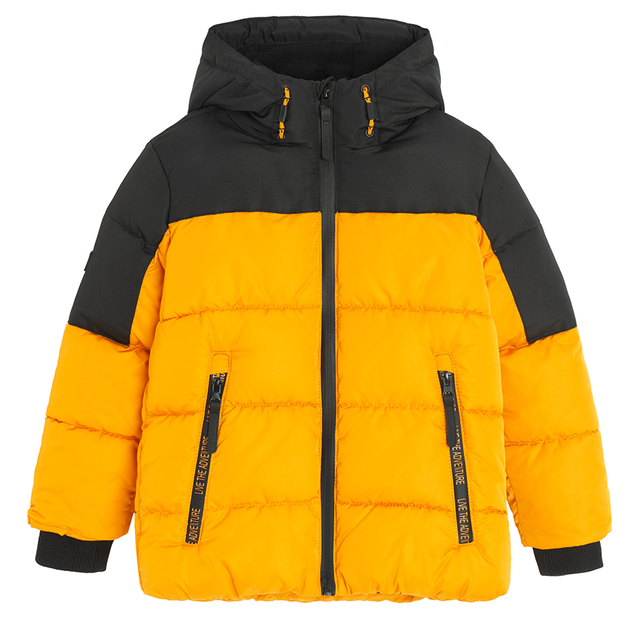 Black and yellow hooded winter jacket