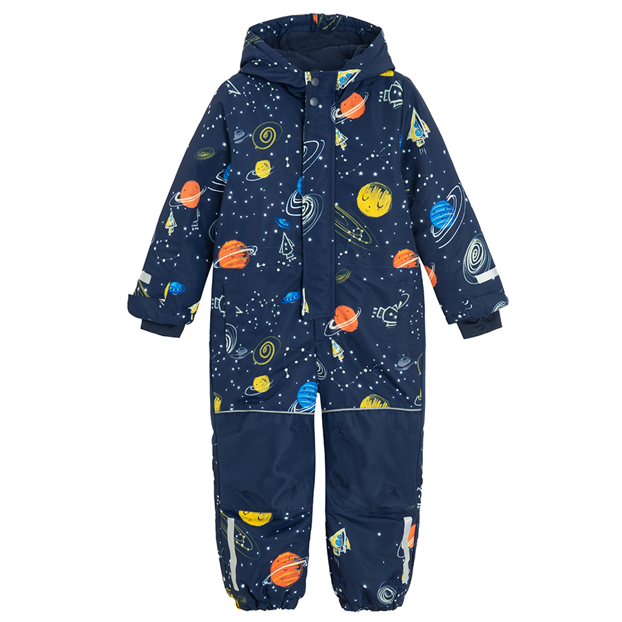 Blue snowsuit with planets print