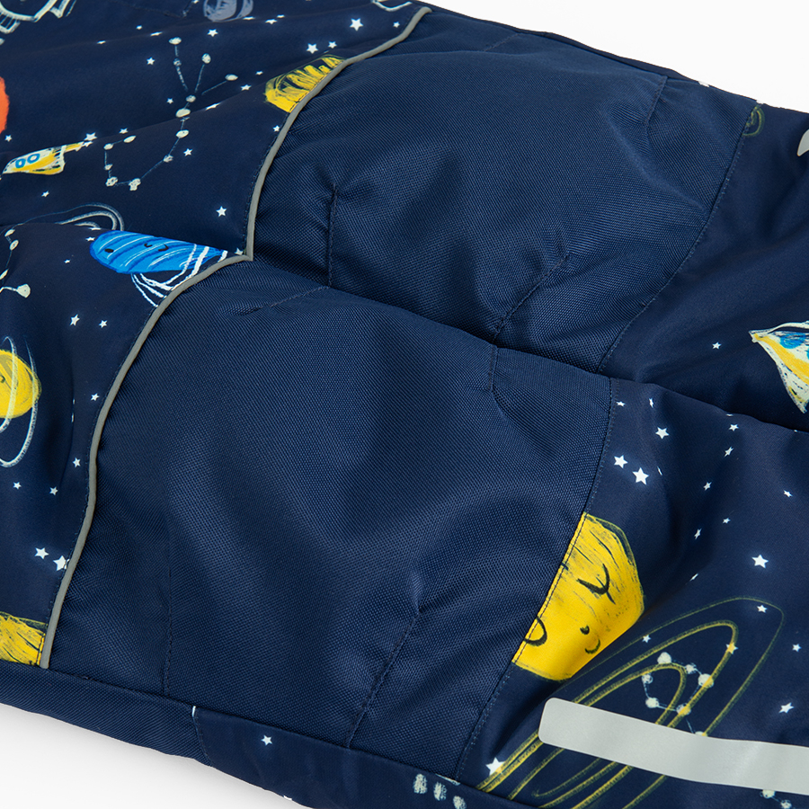 Blue snowsuit with planets print